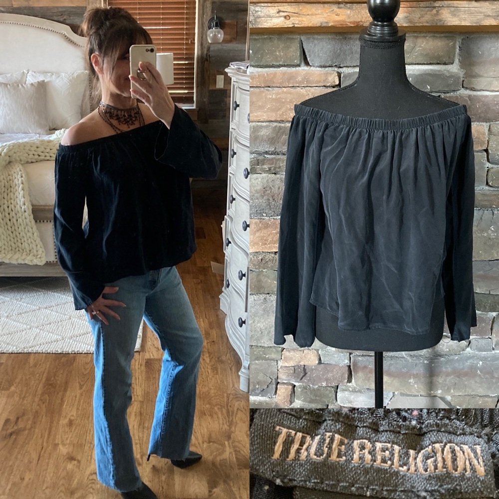 True Religion Black Silk Off The Shoulder Wide Sleeve Top